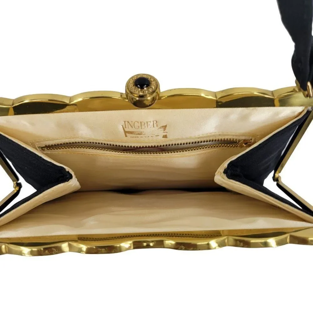Vintage 60s Formal Evening Bag Black Gold Scalloped Trim Push Lock Clasp USA‎